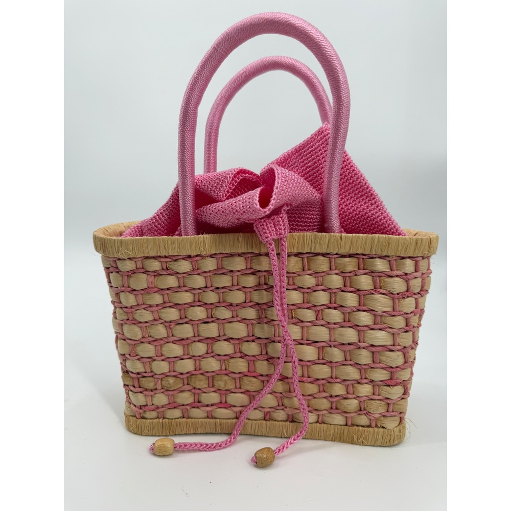 The Sak‎ Original Pink Woven Straw Mini Tote Bag Crochet Drawstring Handbag